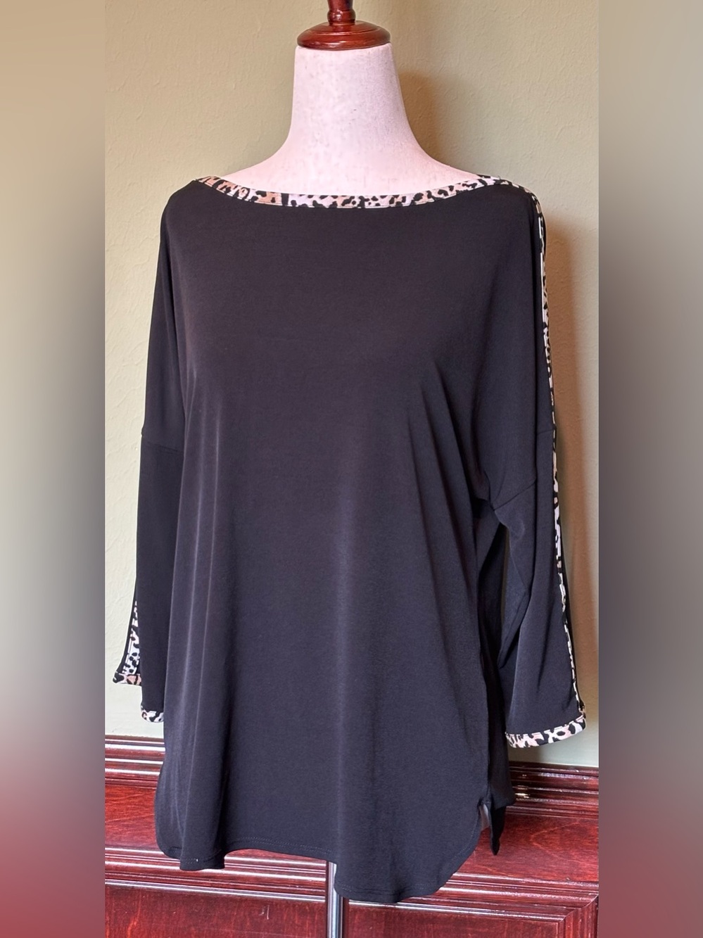 Chico's Black Long-Sleeve Top with Leopard Trim